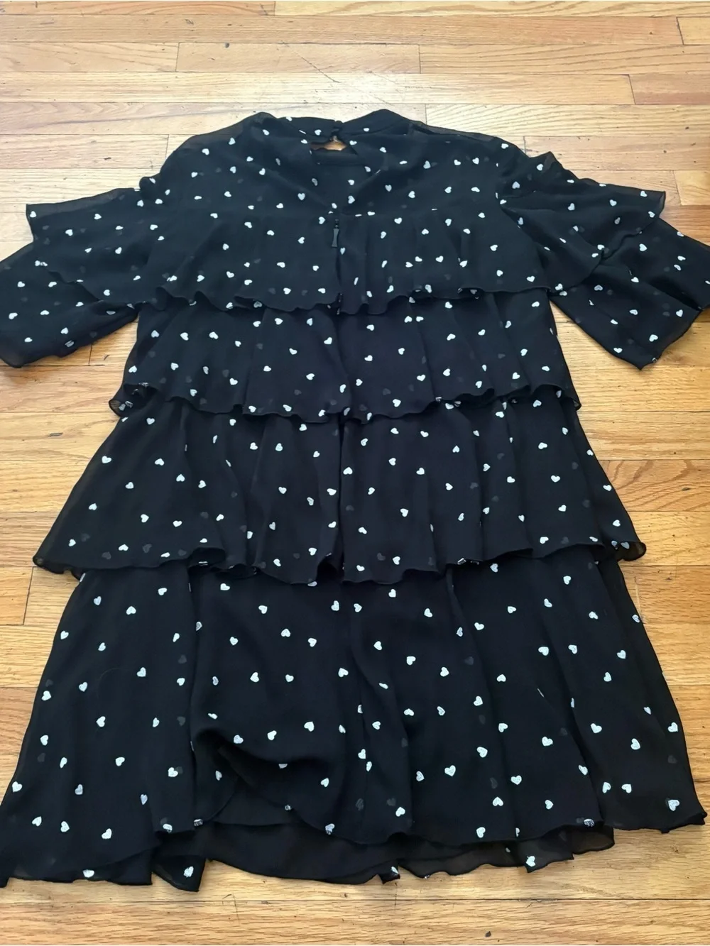 Kate Spade Heart Print Tiered Ruffle Dress Sheer Overlay Bell Sleeve Size 2